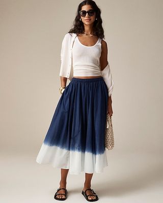 Pull-On Midi Skirt in Dip-Dyed Cotton Voile