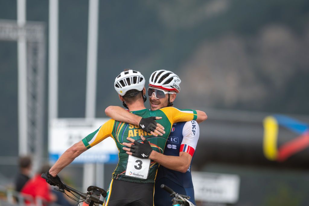 Pal Arinsal, Andorra : September 1 2024 : Victor Koretzky of France in the Finish line in the UCI Mountain Bike World Championships Men Under 23 Race Andorra 2024 on Septemeber 1, 2024 in Pal Arinsal, Andorra.