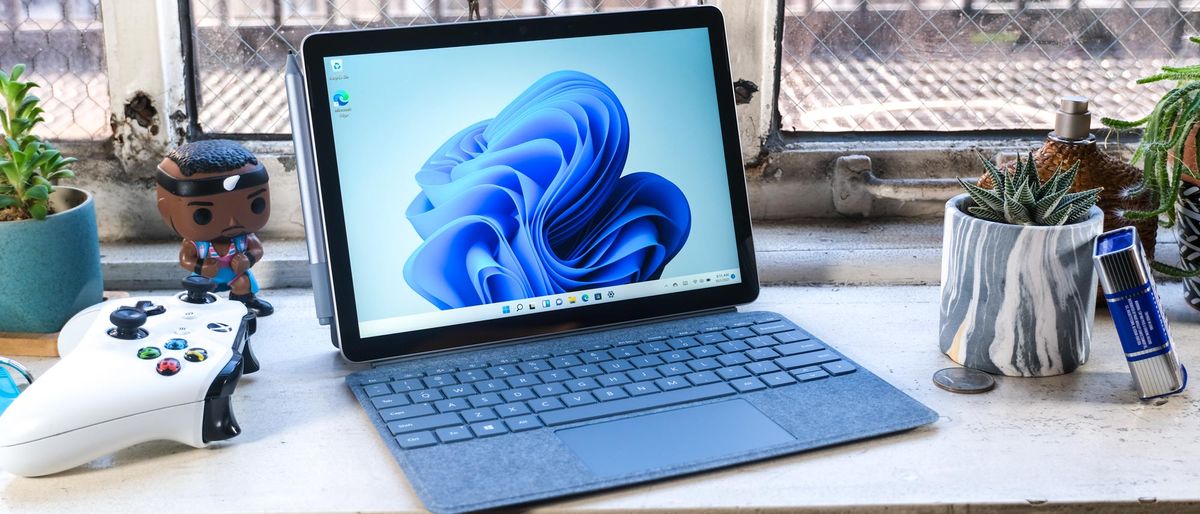 The Microsoft Surface Go 3 with its keyboard, at an angle