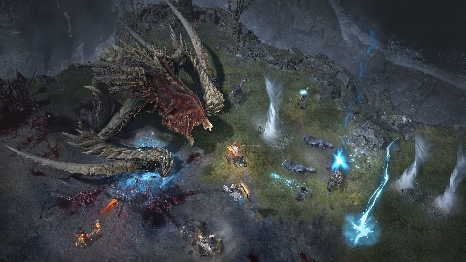 A group of players using magic to fight against a dragon during the action RPG Diablo 4