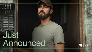 Image of Allie Fox, played by Justin Theroux, staring pensively into the distance. Text on image reads "Just Announced." Apple TV+ logo on bottom of right frame.
