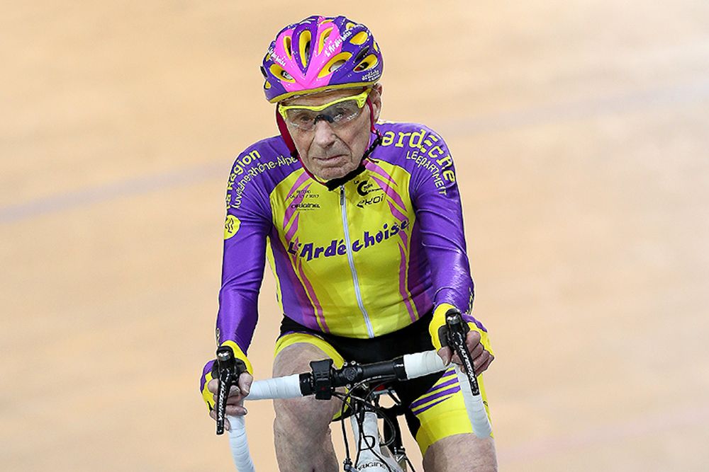 Robert Marchand during his attempt to break the 105+ world cycling hour record.