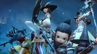 Several warriors of light pose in determined battle stances in FF14: Mobile.