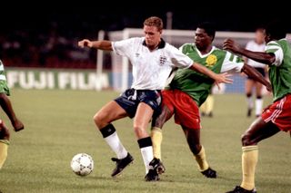 Paul Gascoigne playing for England against Cameroon in the quarter-finals of the 1990 World Cup