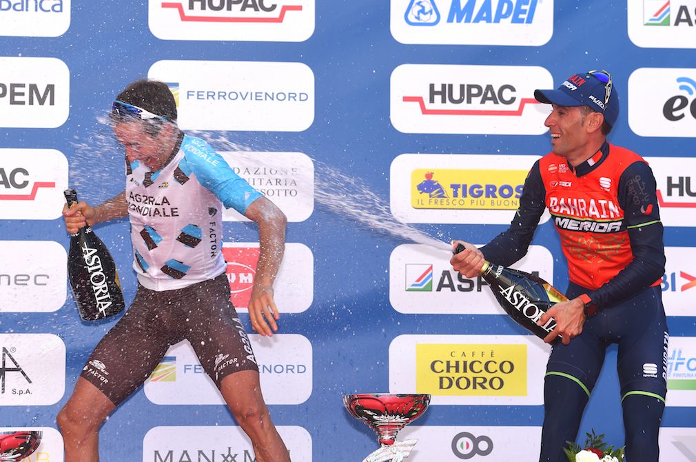 Vincenzo Nibali and Alex Geniez enjoying the podium at Tre Valli Varesene