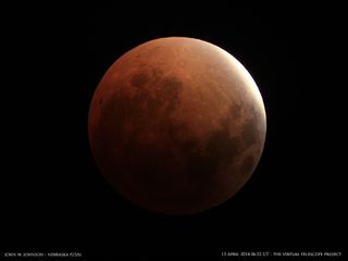 Photographer John W. Johnson of the Omaha Astronomical Society in Nebraska captured this image of the total lunar eclipse of April 15, 2014 from Nebraska at 3 a.m. EDT (0700 GMT). This image was provided by the Virtual Telescope Project.