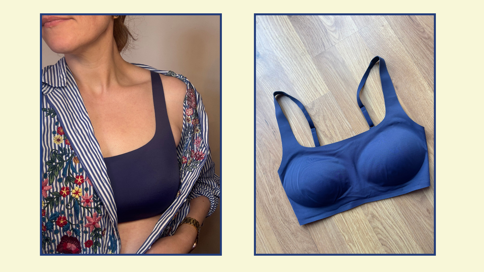 matilda and a flat lay shot of the uniqlo bra