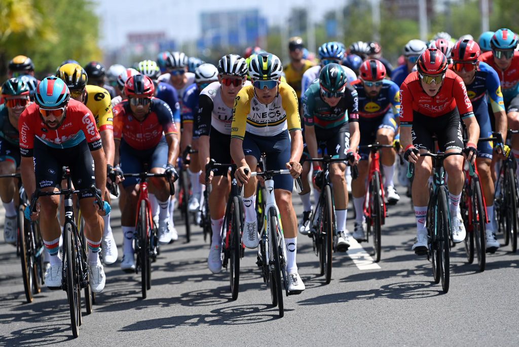 BEIHAI CHINA OCTOBER 12 LR Thomas De Gendt of Belgium and Team Lotto Dstny Lucas Plapp of Australia and Team INEOS Grenadiers and Louis Barre of France and Team ArkeaSamsic compete during the 4th GreeTour of Guangxi 2023 Stage 1 a 1356km stage from Beihai to Beihai UCIWT on October 12 2023 in Beihai China Photo by Tim de WaeleGetty Images