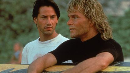Keanu Reeves as FBI Agent Johnny Utah and Patrick Swayze as Bodhi "Bodhisattva" in the movie Point Break. 