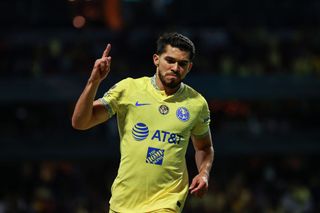 Henry Martín of America celebrates after scoring his team's second goal during the quarterfinals second leg match between America and Puebla as part of the Torneo Apertura 2022 Liga MX at Azteca Stadium on October 15, 2022 in Mexico City, Mexico.