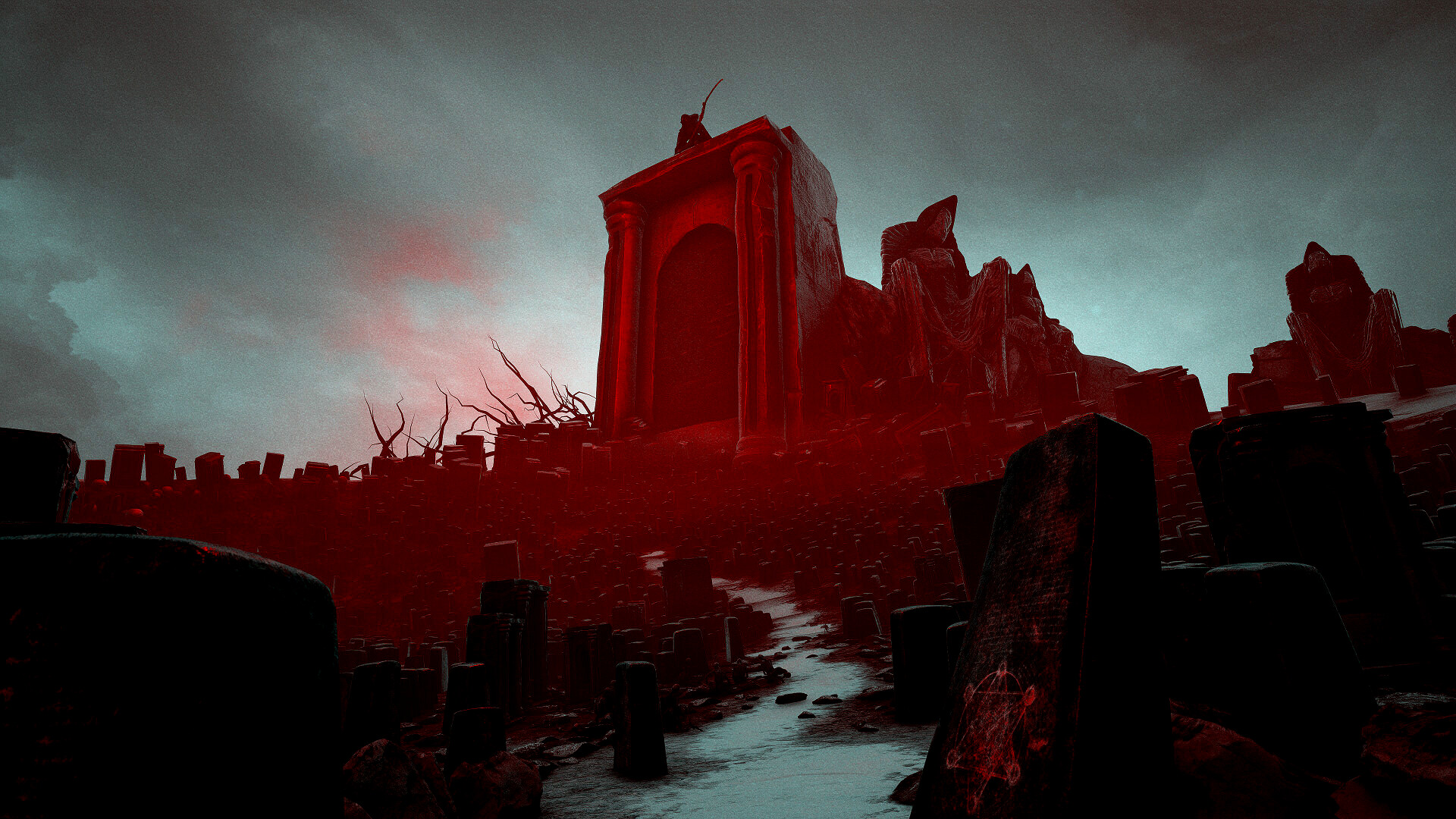 ominous red structure amid massive graveyard