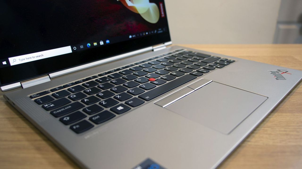 A closeup of the Lenovo ThinkPad X1 Titanium Yoga's keyboard and trackpad