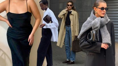 Fashion collage of style influencers wearing elevated pieces, including a black slip dress, a white button-down shirt, a trench coat, and chic accessories.