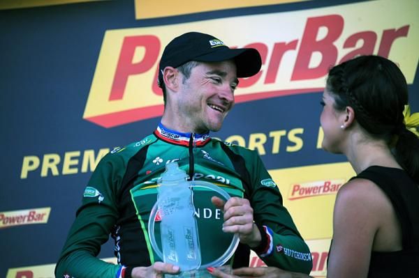 Thomas Voeckler (Europcar) is presented with his trophy for winning stage 10.