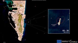 A bulk carrier stranded off the coast of Gibraltar after a collision with a gas tanker seen by n Earth-observation satellite.