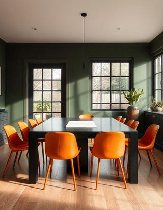 A large dining room with neon orange seats, pale wooden floors, and deep green walls