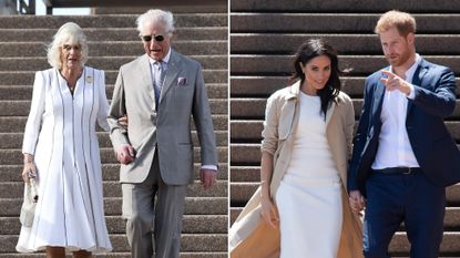 Queen Camilla and King Charles walk down the steps at Sydney Opera House, which Meghan Markle and Prince Harry did in 2018