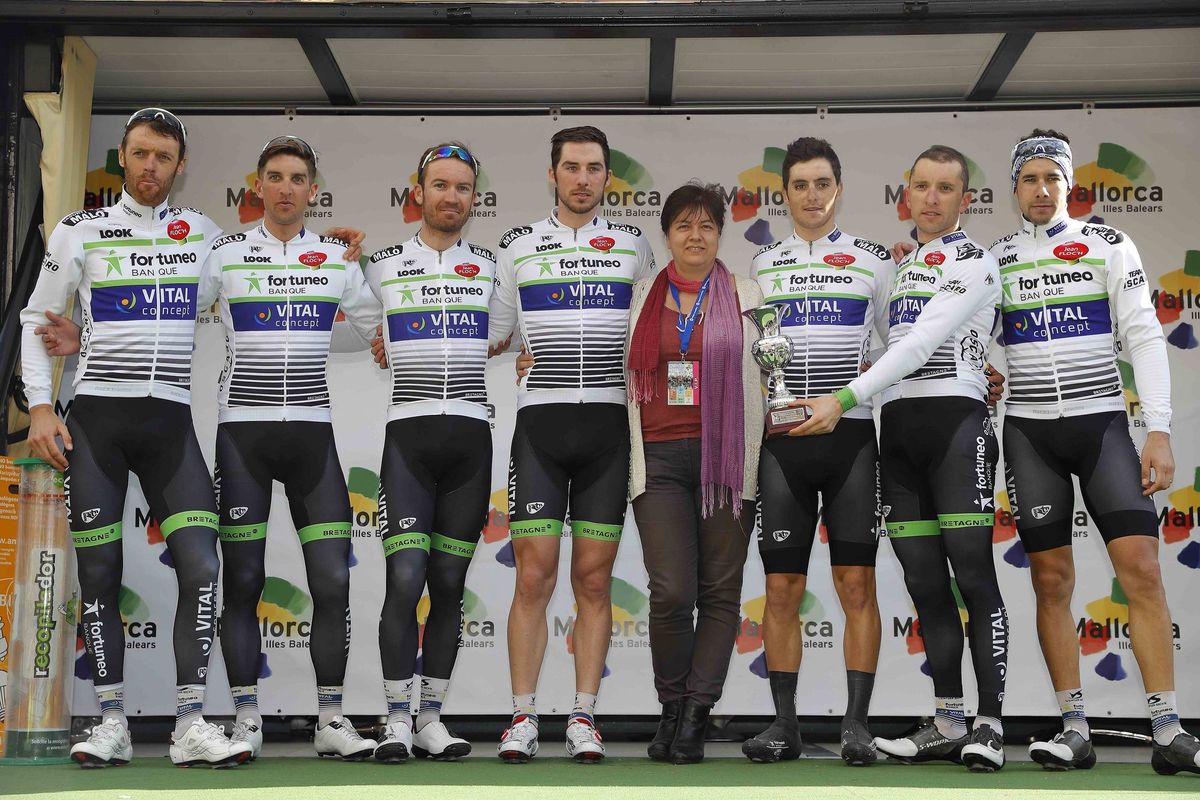 Fortuneo-Vital Concept collect Dan McLay's prize after he crashes