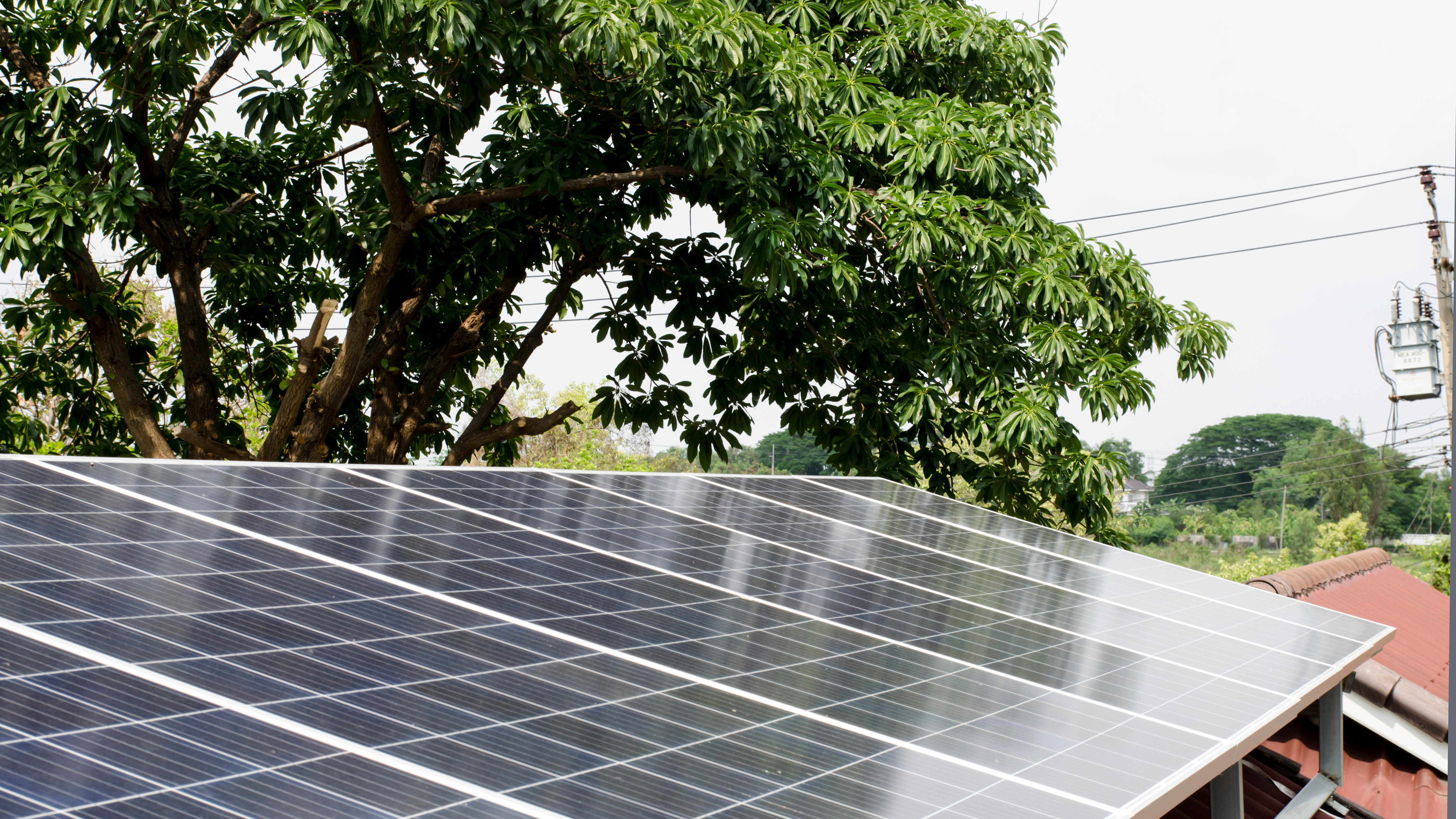 Solar panels on a rooftop with trees in the background casting shadows