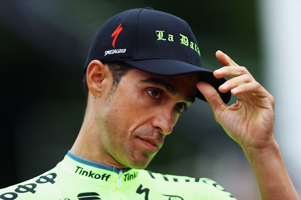 Alberto Contador on stage at the Tour de France team presentation