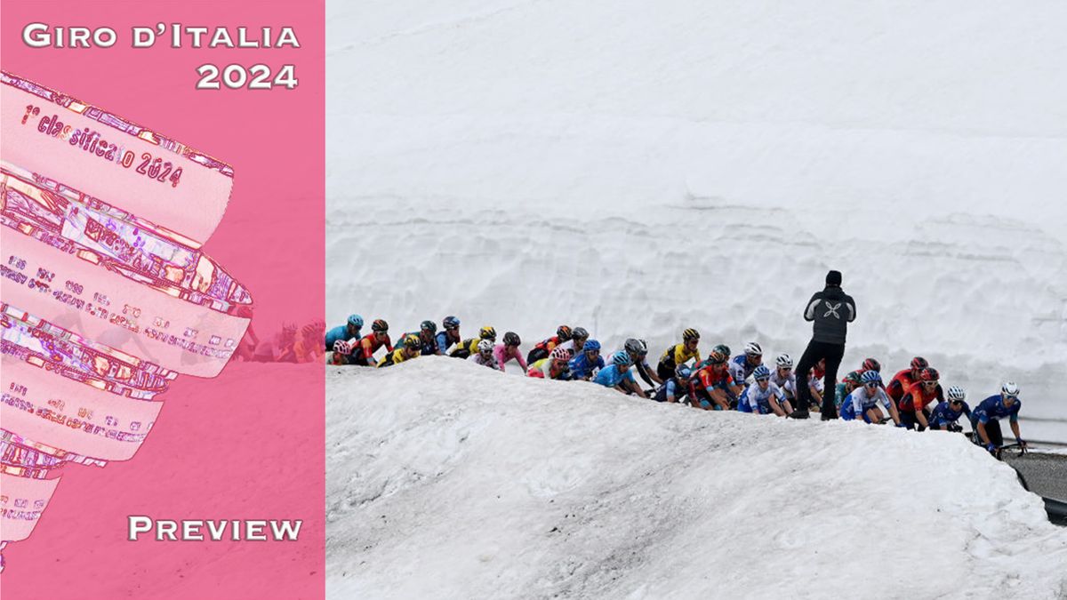 Riders passing through banks of snow on stage 7 of the 2023 Giro d&#039;Italia