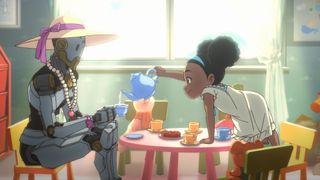 An omnic wearing a sunhat is offered tea by a young girl.
