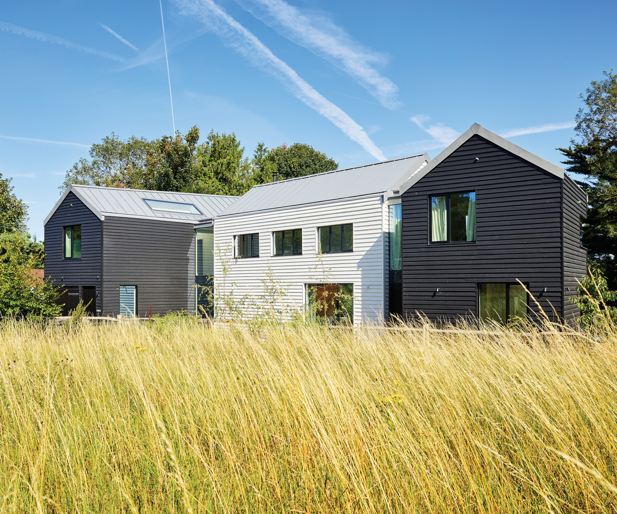 Exterior of house with long grass in front and blue sky behind it