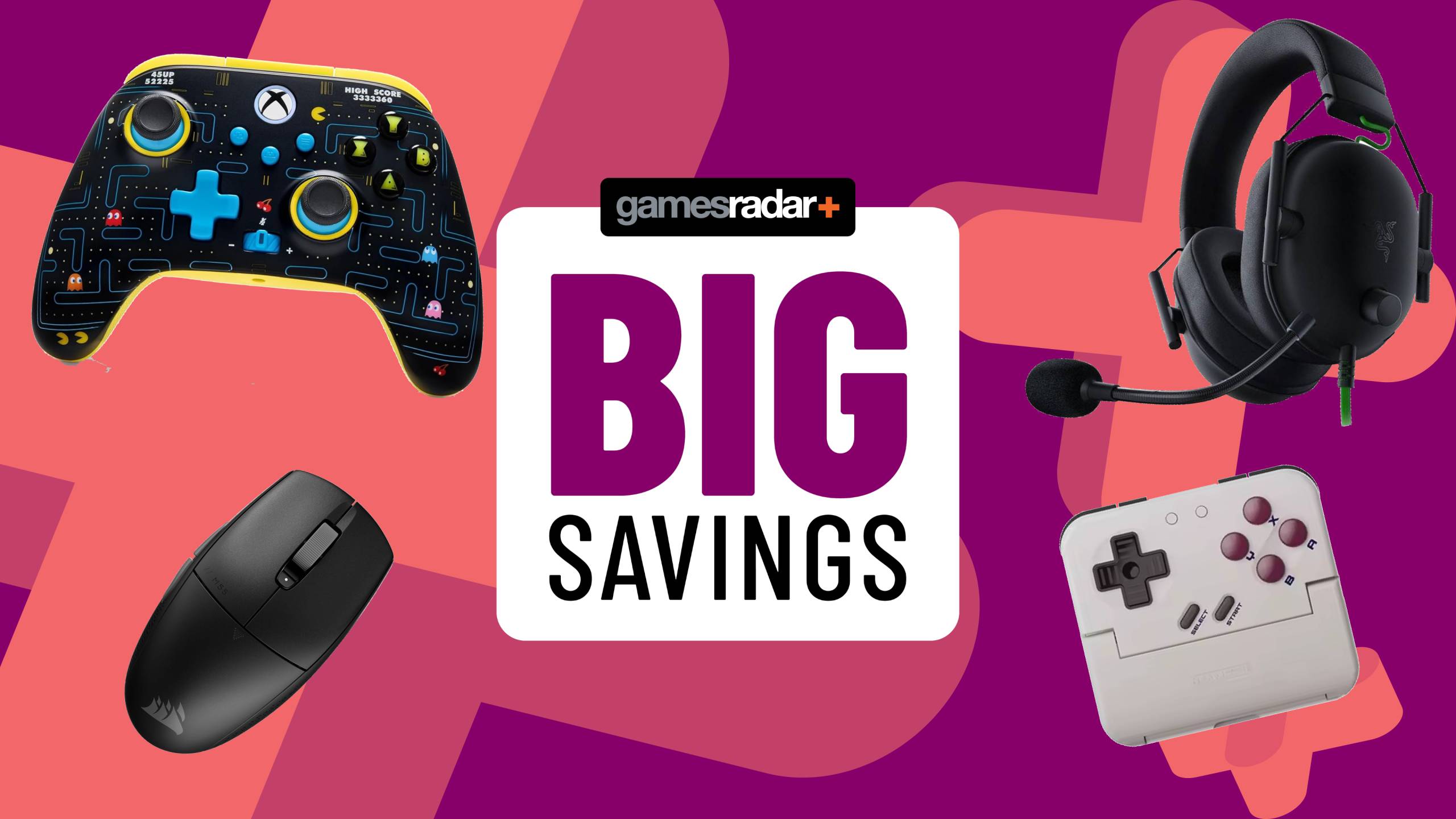 A sign saying 'Big Savings' next to various gaming accessories.