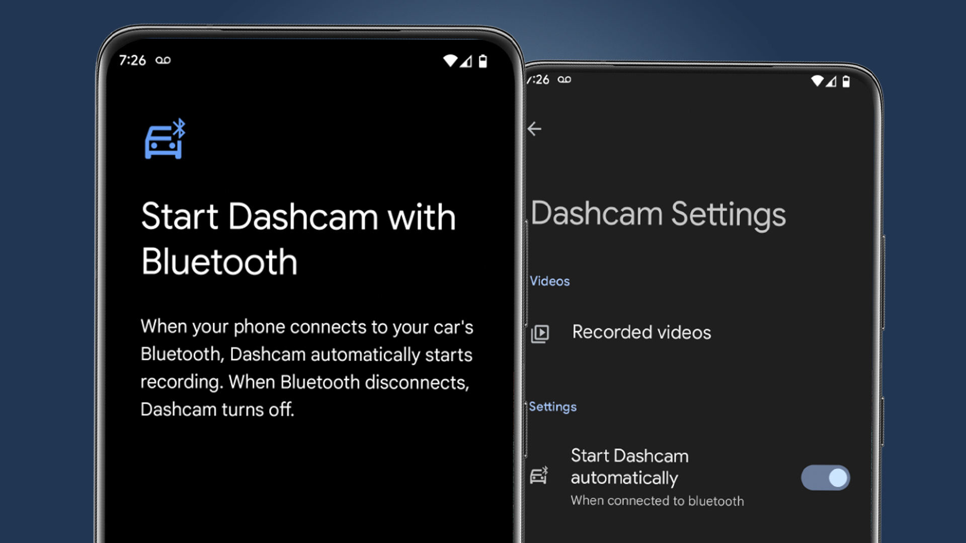 Two phones showing Google's incoming Dashcam mode