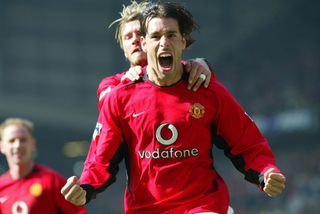 Ruud van Nistelrooy celebrates after scoring for Manchester United against Fulham, 2003