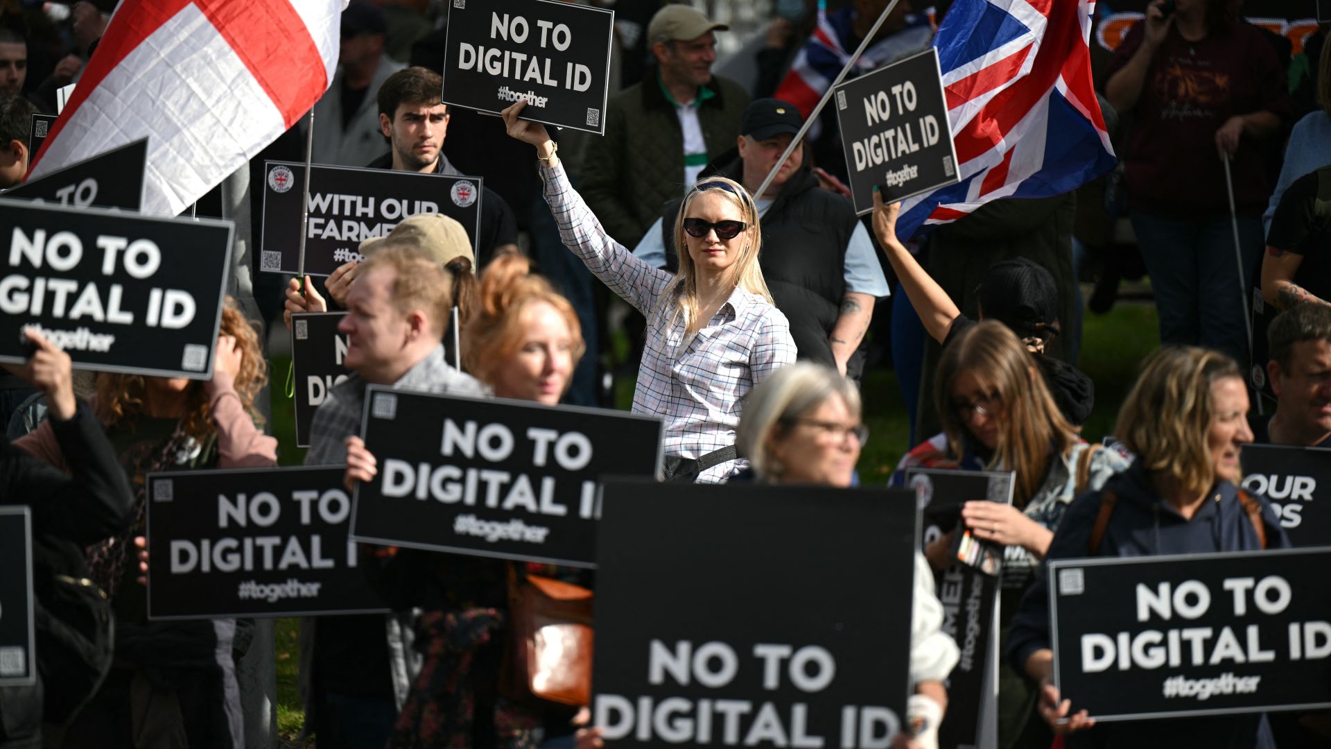 Demonstrators protest against the Labour Government's plans to introduce a Digital ID, outside of the Labour Party's conference in Liverpool, north-west England, on September 28, 2025. 
