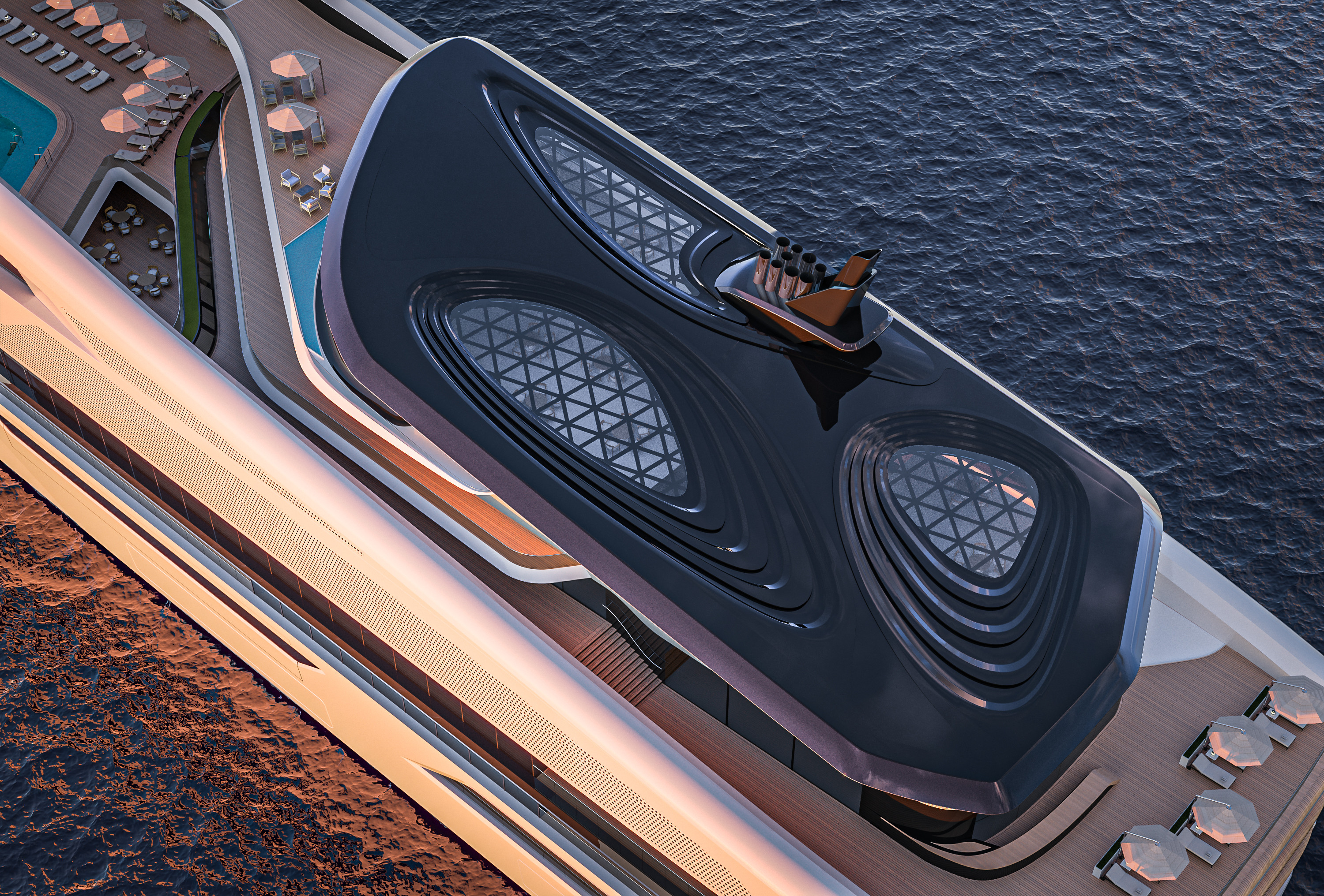 A detail of the multi-layered upper decks