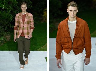 Male models wearing Orange, white and grey clothes form the Berluti SS2015 collection
