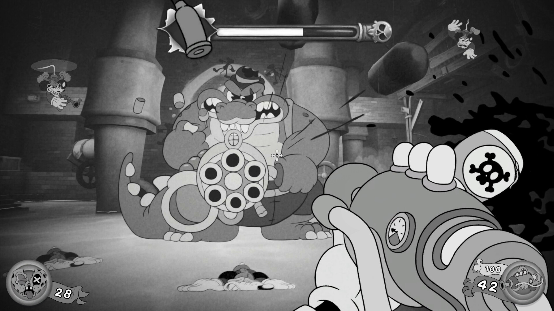 A boss fight against a crocodile with a gattling gun in Mouse: P.I For Hire