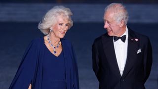 King Charles III and Queen Camilla pose prior to a state dinner