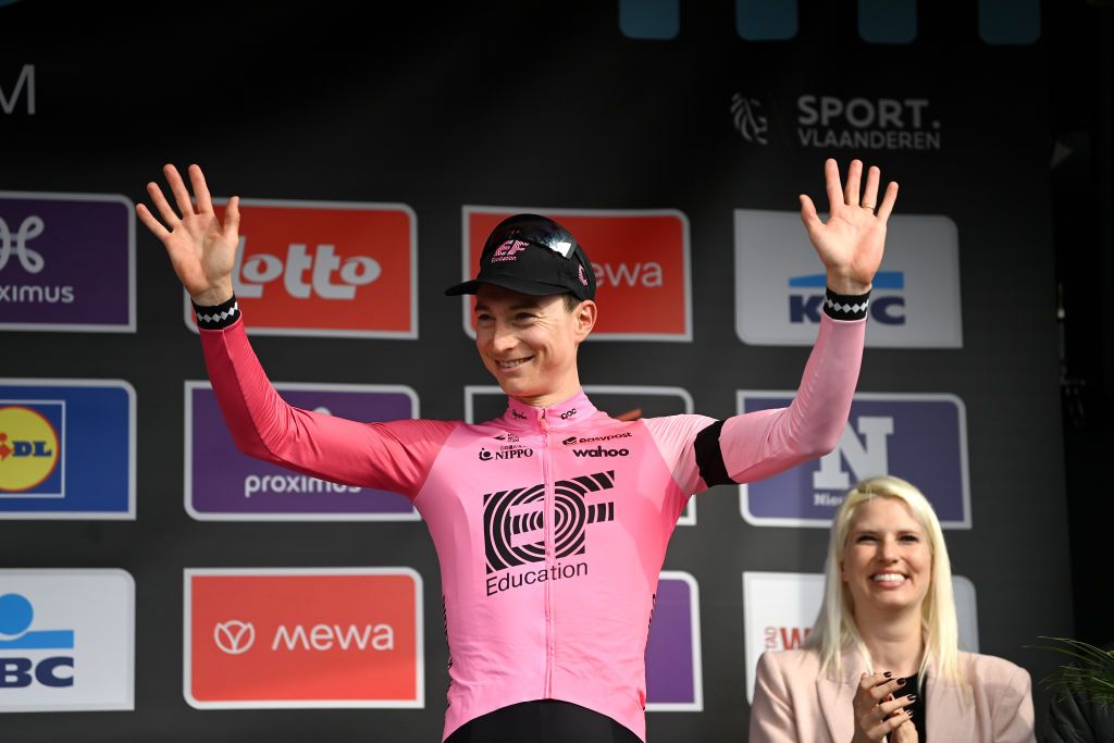 Neilson Powless celebrates his podium finish at the 2023 Dwars door Vlaanderen