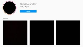 Three black squares under Instagram hashtag #blacklivesmatter