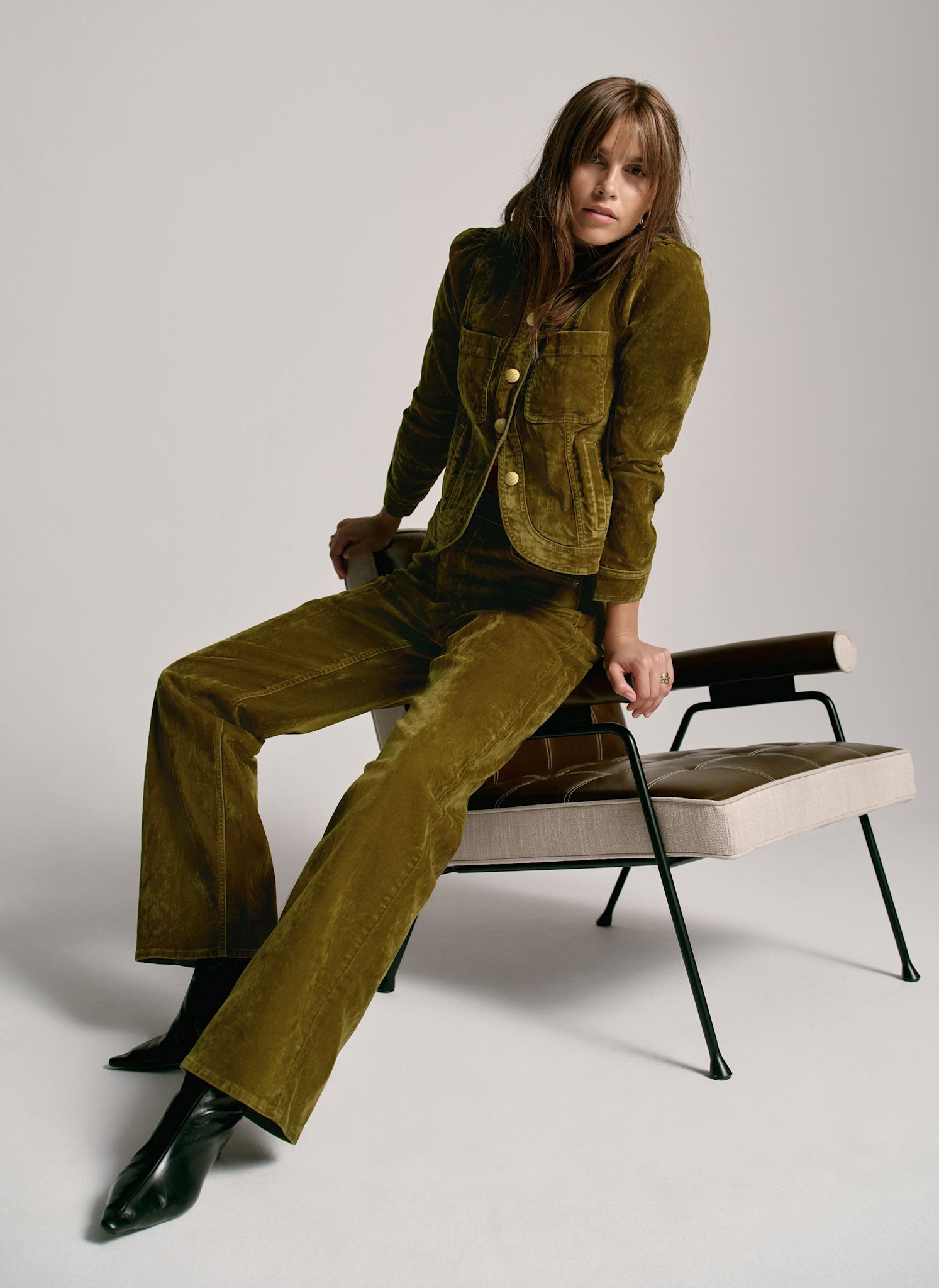 Khaki Straight Leg Flocked Jeans