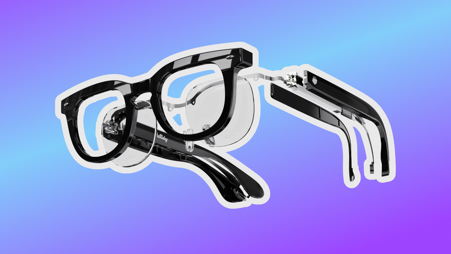 Halliday AI Glasses split into components with a white outline on a purple to blue gradient backdrop.