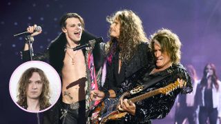 Yungblud, Steven Tyler and Joe Perry onstage at the VMAs, plus (inset) Dan Hawkins 