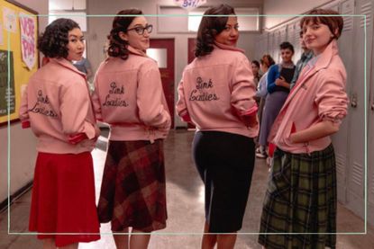 Tricia Fukuhara as Nancy, Marisa Davila as Jane, Cheyenne Isabel Wells as Olivia, and Ari Notartomaso as Cynthia in Grease: Rise of The Pink Ladies