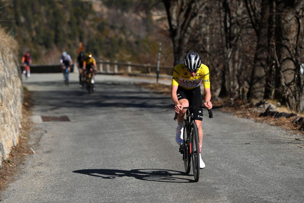 COL DE LA COUILLOLE FRANCE MARCH 11 Tadej Pogacar of Slovenia and UAE Team Emirates Yellow Leader Jersey competes in the breakaway during the 81st Paris Nice 2023 Stage 7 a 1429km stage from Nice to La Col de la Couillole 1676m UCIWT ParisNice on March 11 2023 in La Col de la Couillole France Photo by Alex BroadwayGetty Images