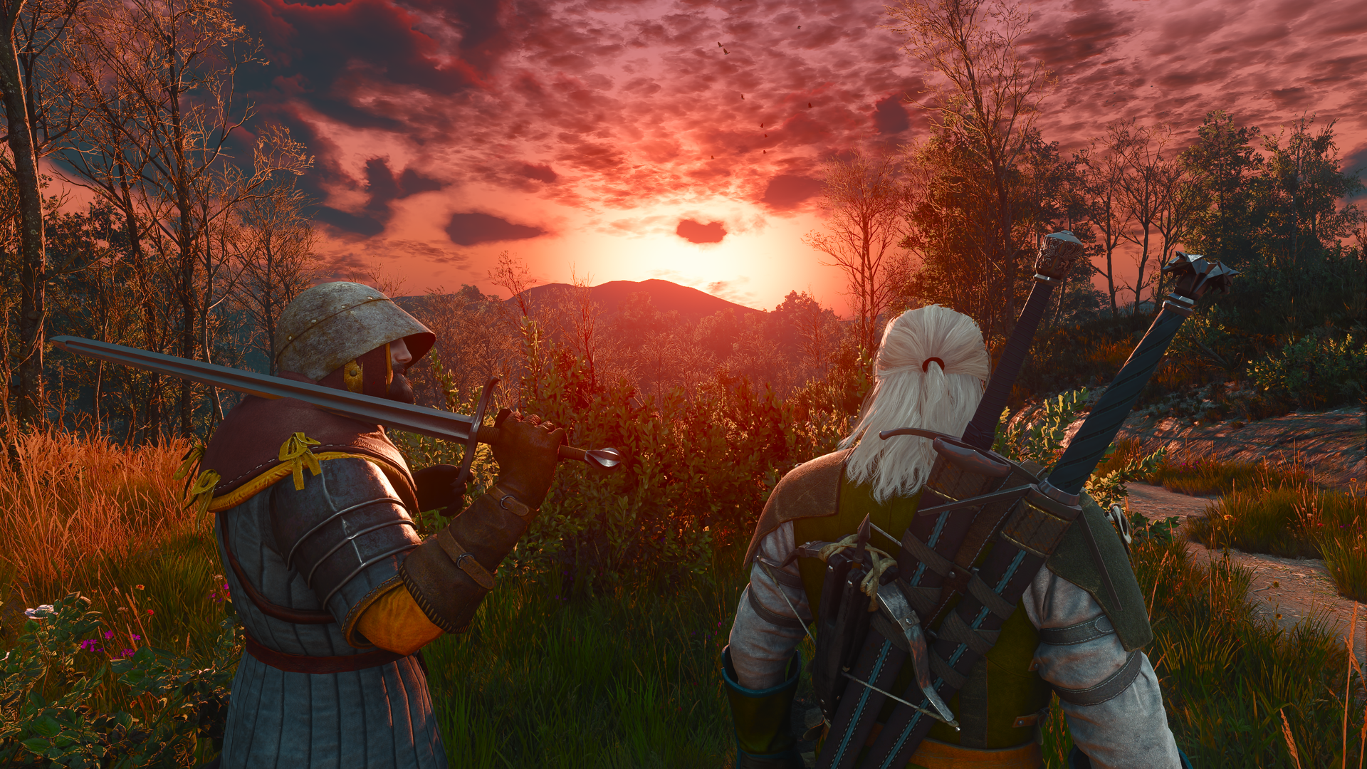Geralt and a Nilfgaardian soldier observe a sunset.