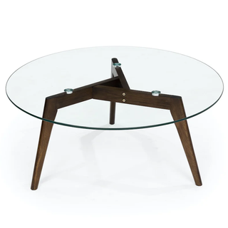 minimalist coffee table with glass top and wooden legs