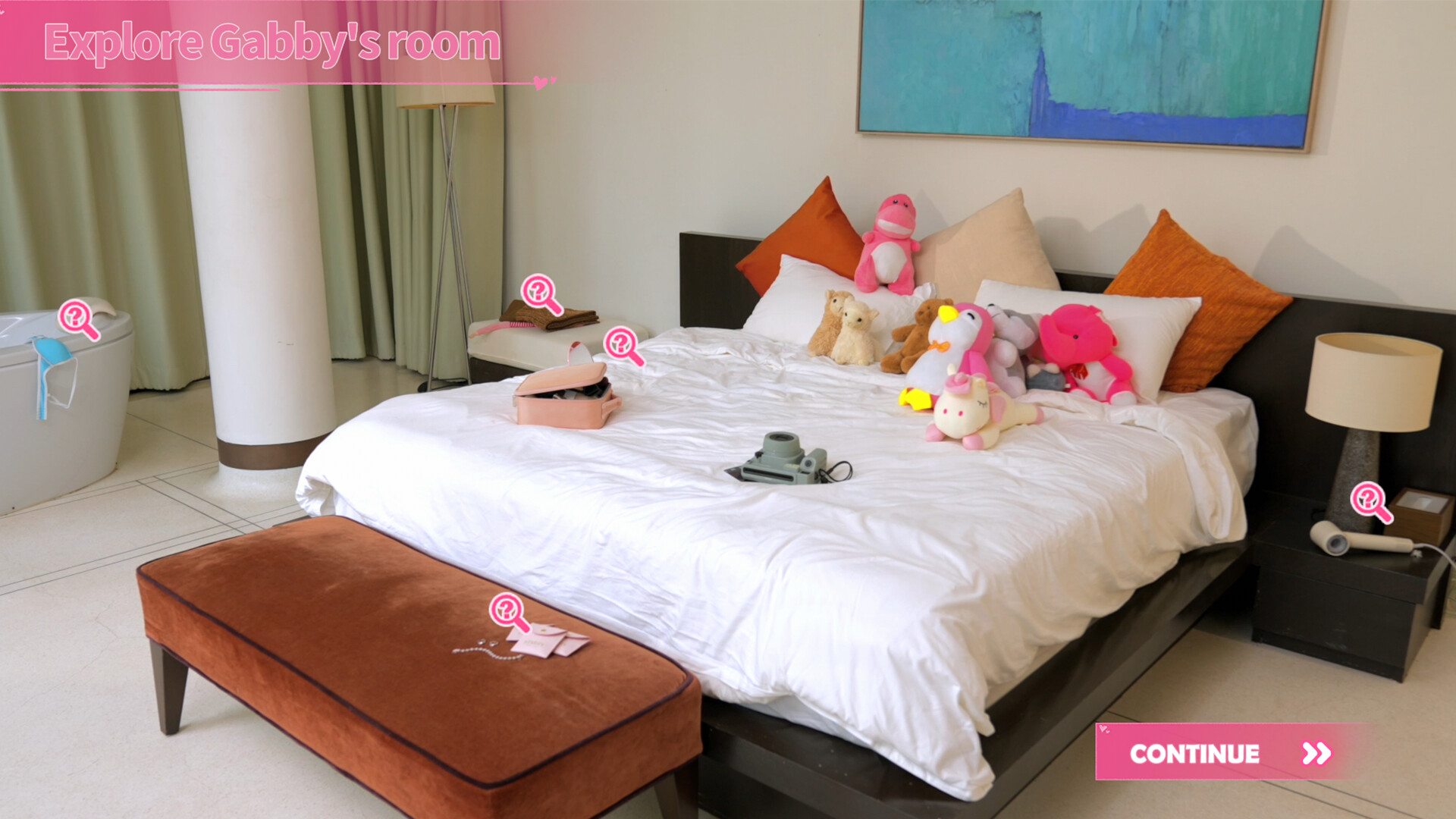 A screenshot from Island of Hearts showing a bed with lots of objects that can be interacted with