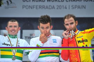 Alejandro Valverde on the podium in Ponferrada his sixth podium visit at the World Championships