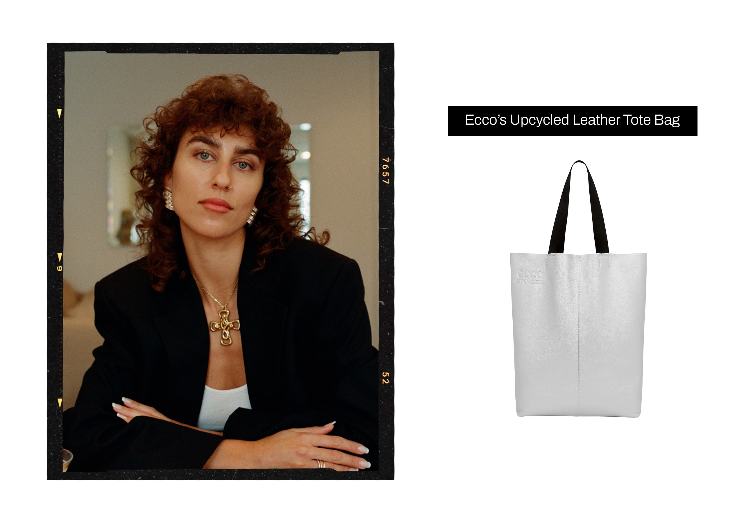 Headshot of Pam Nasr within a black film frame next to a product image of a work bag
