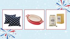 4th of July decor is so chic. Here are three white squares with red borders filled with two dark blue star throw pillows, two red oval dishes, and a white candle with a gold box, with a light blue background with fireworks on behind it
