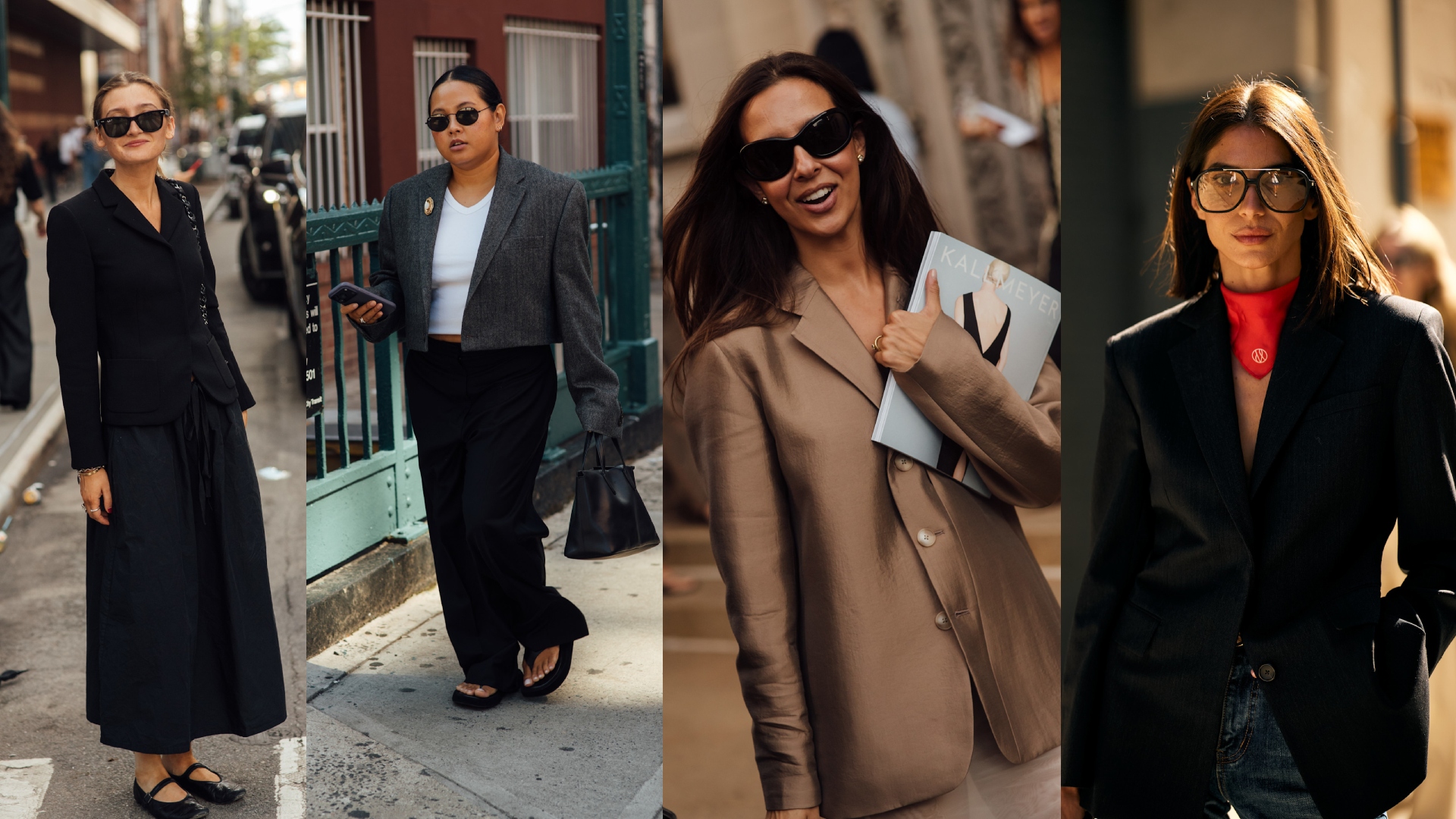 New York Fashion Week street style shots of women wearing black, grey, camel evening jackets