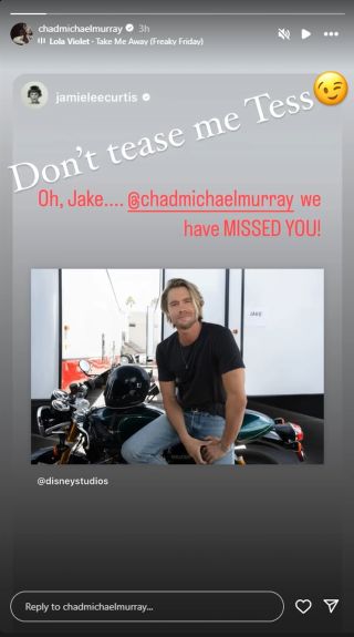 The first look photo of Chad Michael Murray in Fready Friday, reposted by Jamie Lee Curtis, who wrote :Oh, Jake...@chadmichaelmurray we have MISSED YOU!" which Murray responded with "Don't tease me Tess [wink emoji]."
